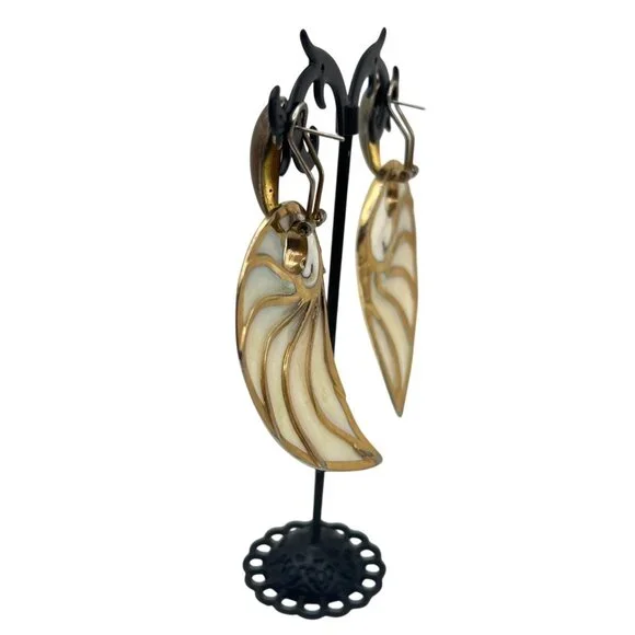 Mother Of Pearl Reversible Omega Back Earrings Abalone Gold Tone Statement Vtg - Picture 8 of 8